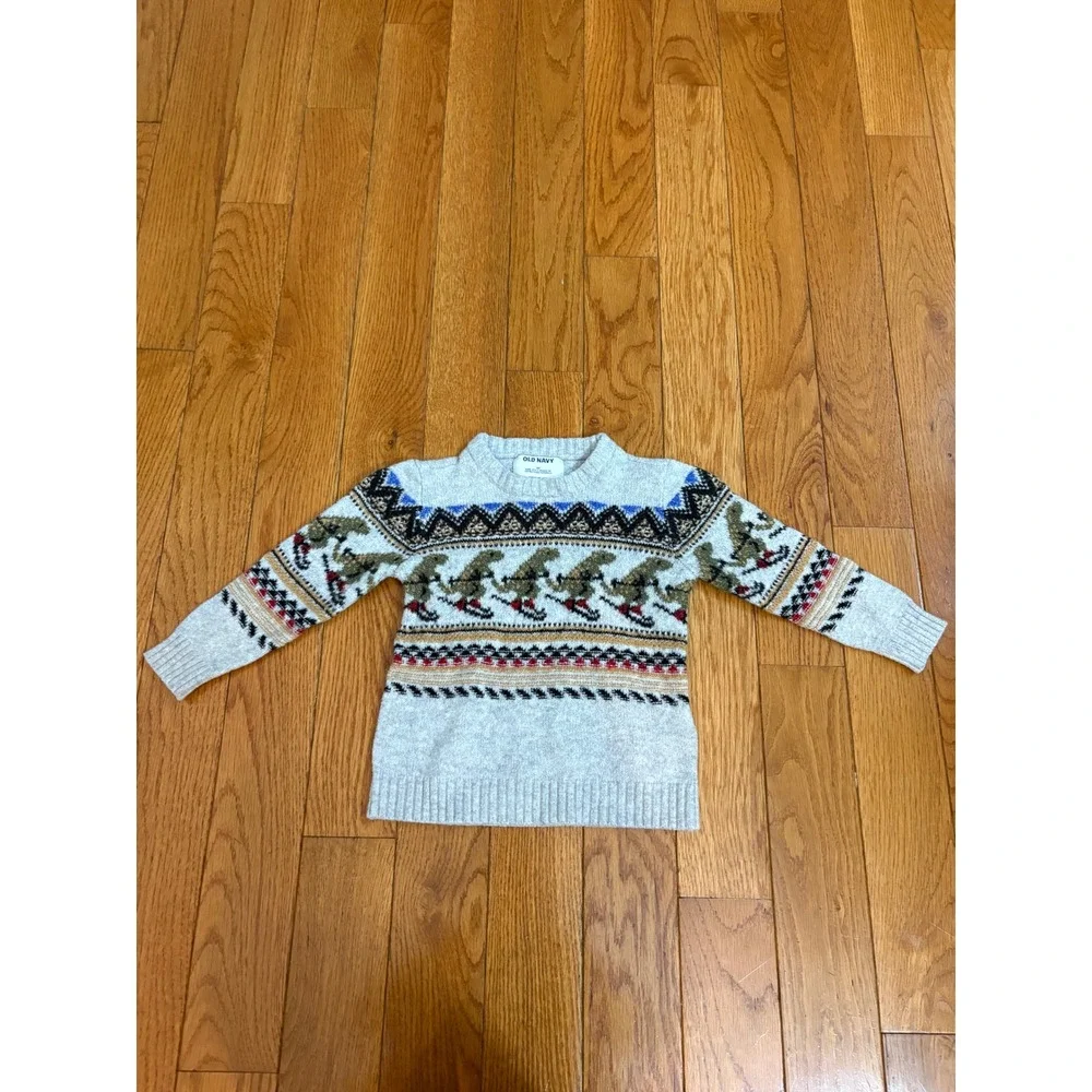 Old Navy Toddler 2T Gray Fair Isle Skiing Dinosaur Sweater Crew Neck Pullover